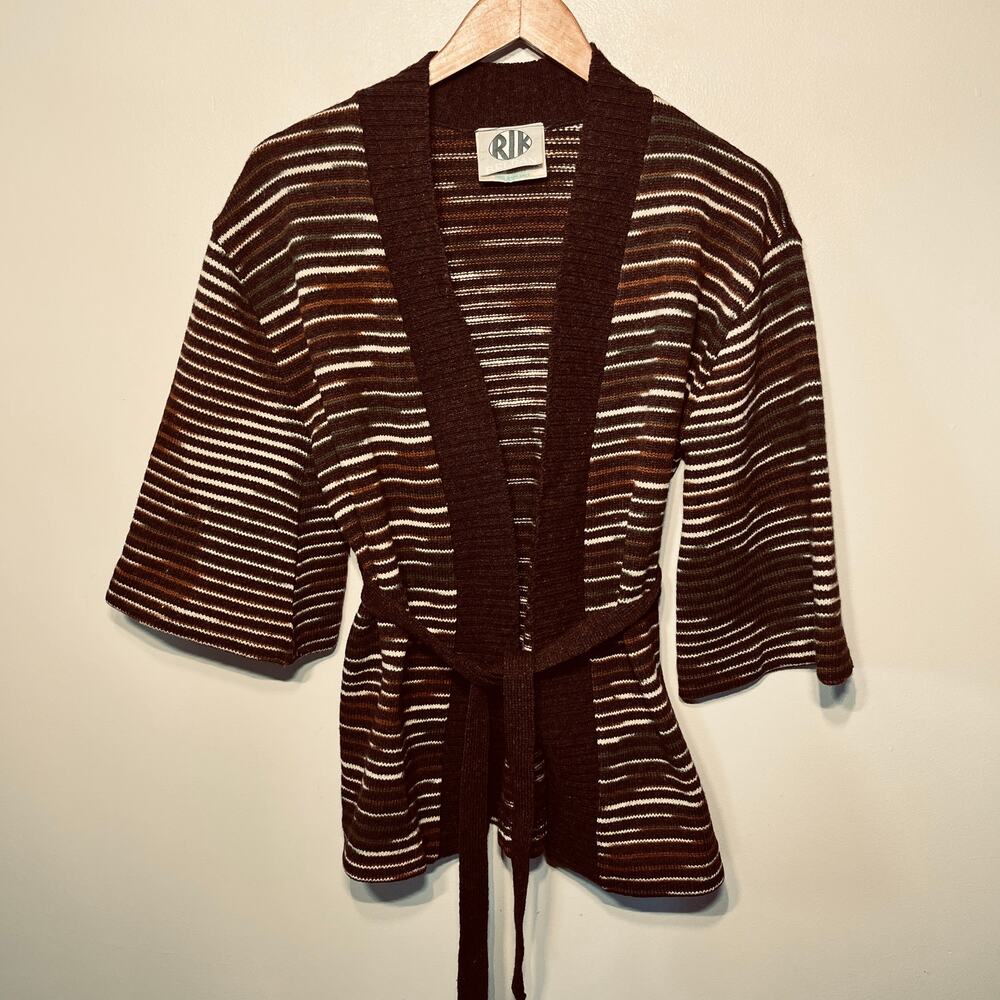 RlK Reldan VTG Sweater Shetland Pure Wool Brown Striped Belted Cardigan Fall S